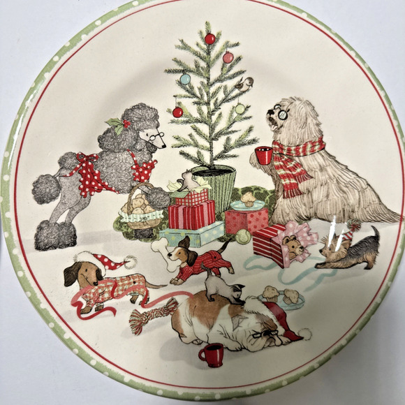 Pier 1 CHRISTMAS MORNING PUPS Salad Dessert Plates Puppies Dogs Set of four - Picture 3 of 7